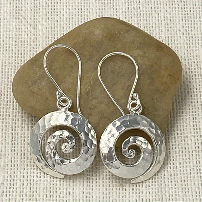 Artisan Spiral Hammered Silver Drop Earrings