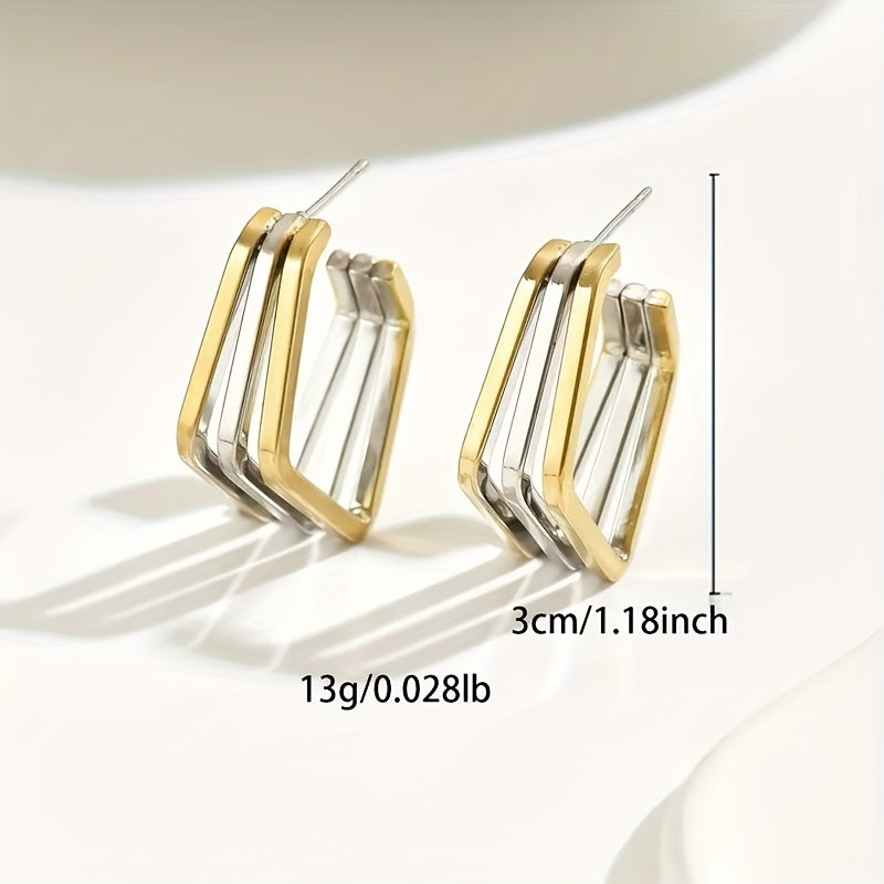 Casual Style Stainless Steel Two-Tone Square Hoop Earrings