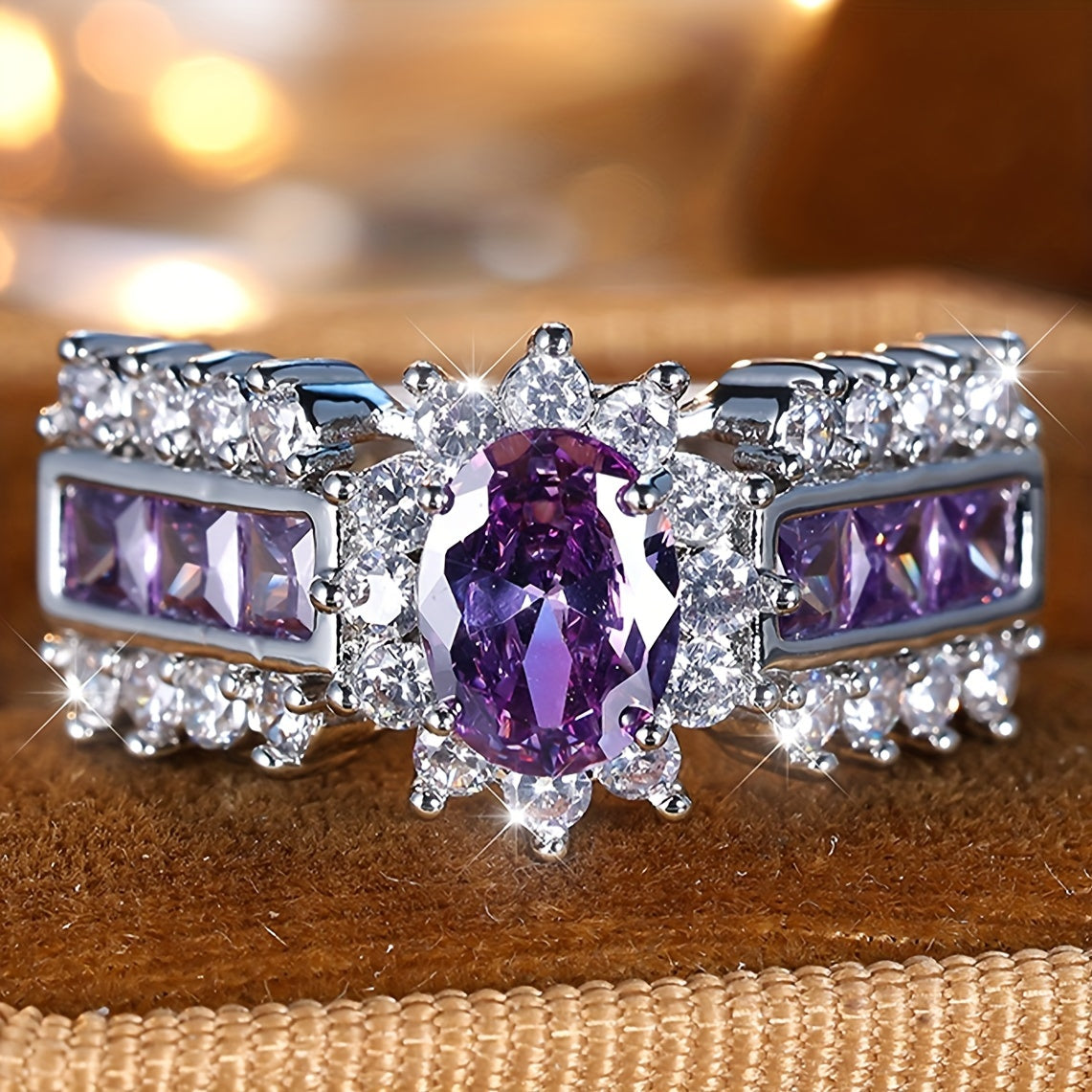 Vintage Boho Silver Purple Oval Zirconia Stone Rings