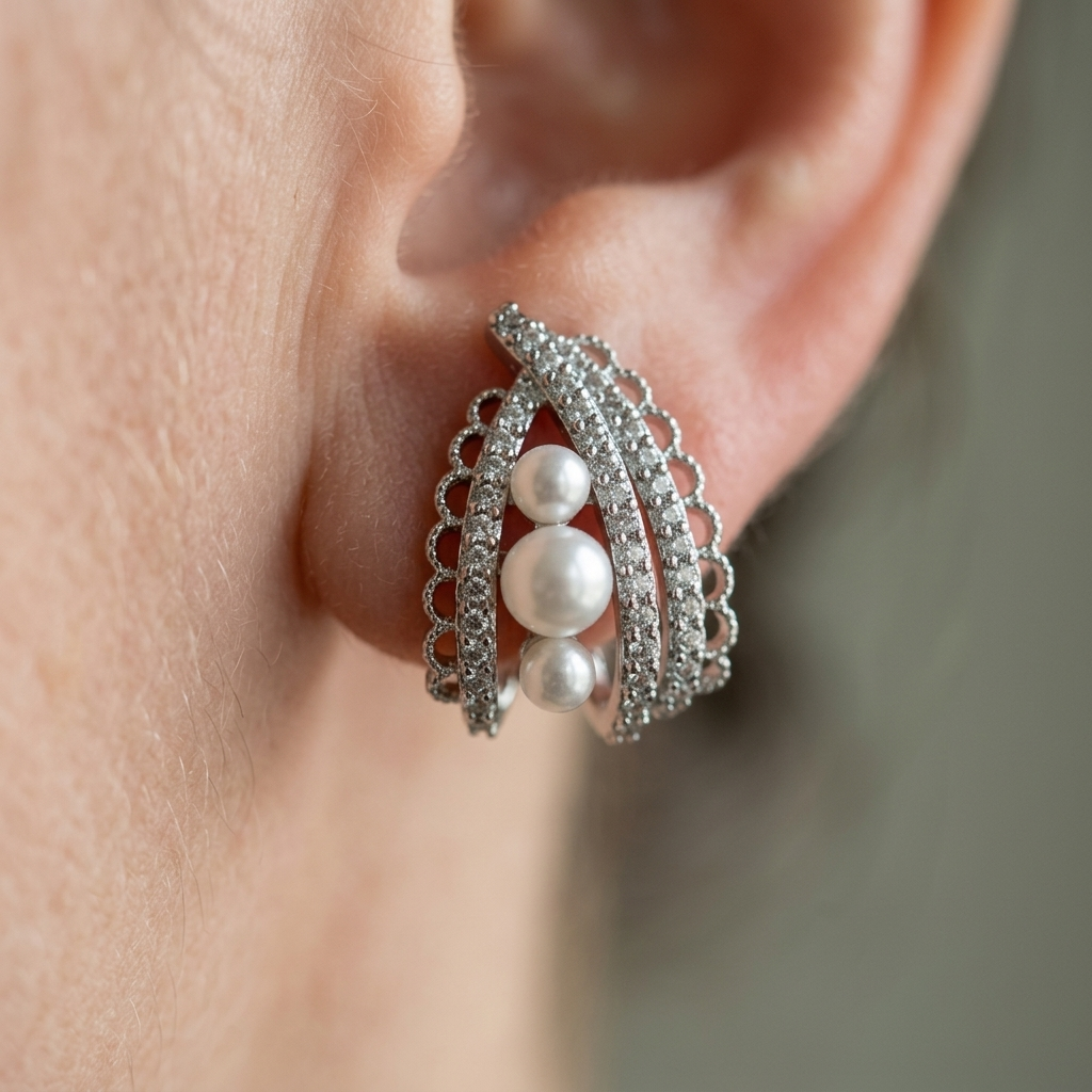 Elegant Pearl Zirconia C-Shaped Earrings