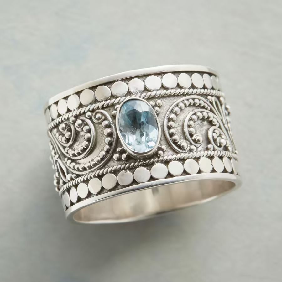 Vintage Ocean Blue Round Cubic Zirconia Wide Band Ring