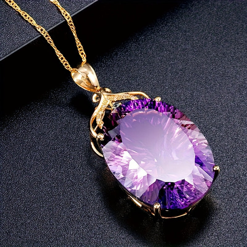Elegant Purple Synthetic Zirconia Inlaid Oval Pendant Necklace
