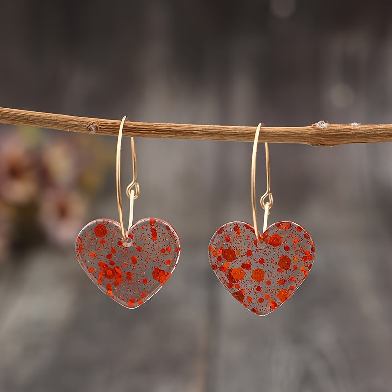 Vintage Style Resin Glitter Heart Pendant Earrings