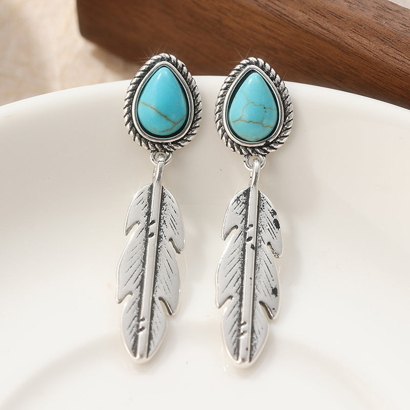 Retro Tribal Turquoise Feather Drop Earrings
