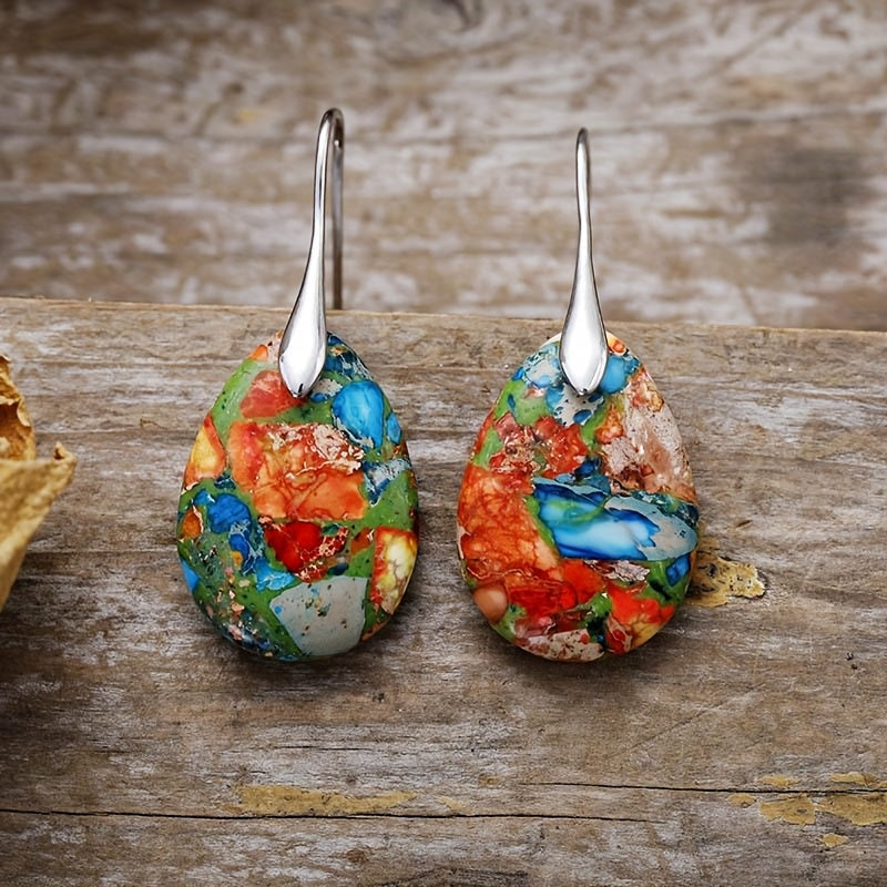 Multicolor Jasper Teardrop Dangle Earrings