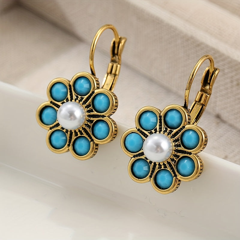 Vintage Style Turquoise And Pearls Flower Earrings