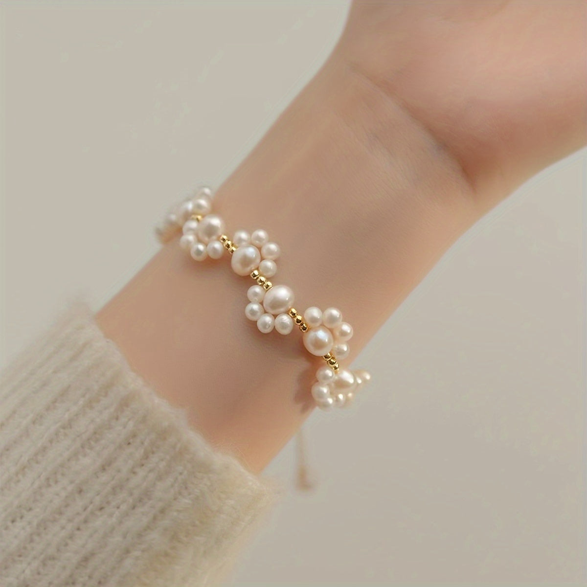 Classic Pearl Beaded Cat Paw Gold Plated Adjustable Bracelet
