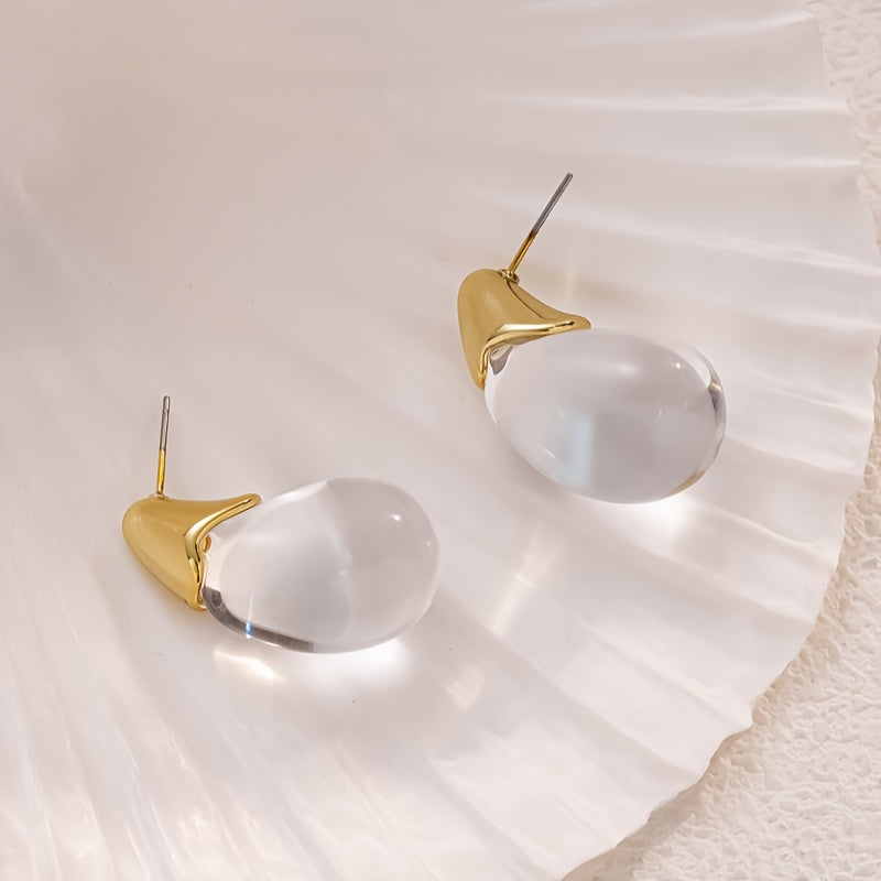 Elegant Clear Teardrop Glass Earrings with Gold Tone Caps
