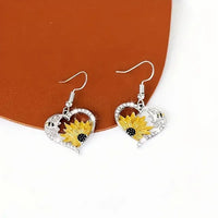 Vintage Sunflower Bee Heart Dangle Earrings