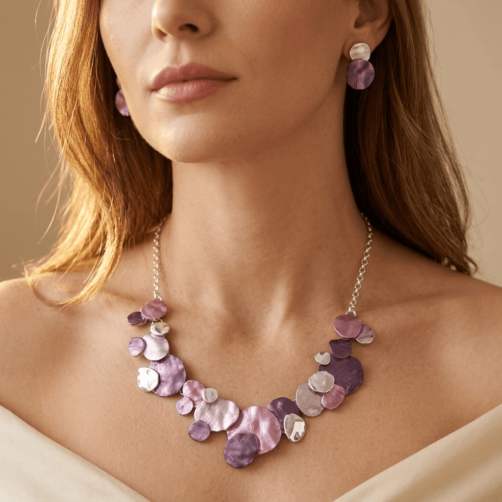 Vintage Distressed Silvery Purple Enamel Irregular Necklace Earrings Set
