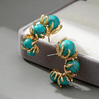 Classic Gold Turquoise Plated Triple Stone Dangle Earrings