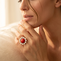 Vintage Gold Red Coral Cabochon Ring with Sparkling Crystal Diamond Halo
