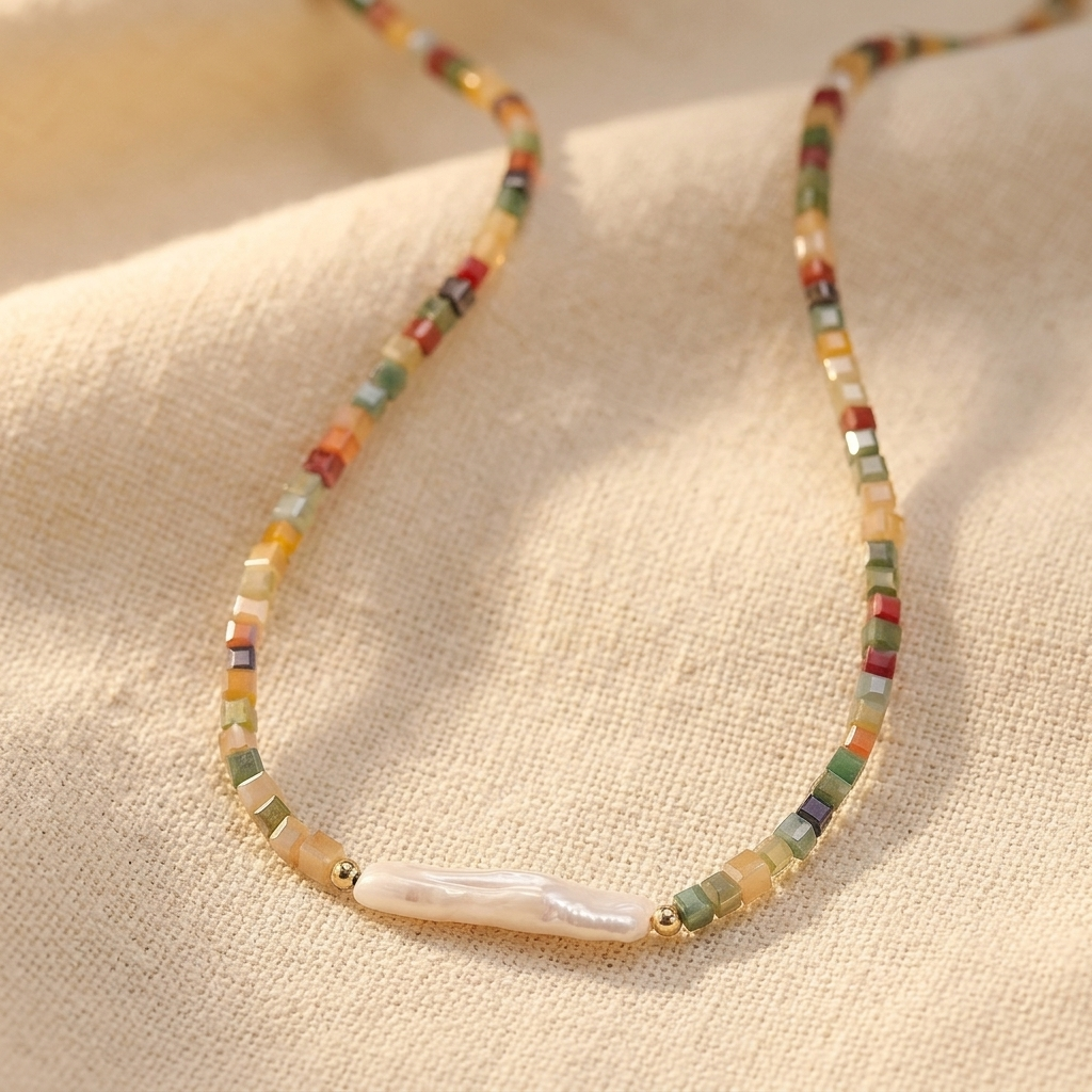 Colorful Natural Stone Square Beaded Necklace
