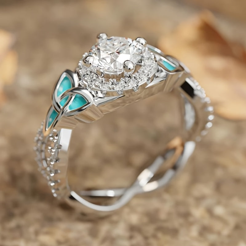Elegant Bohemian Turquoise Leaf Zirconia Crystal Ring