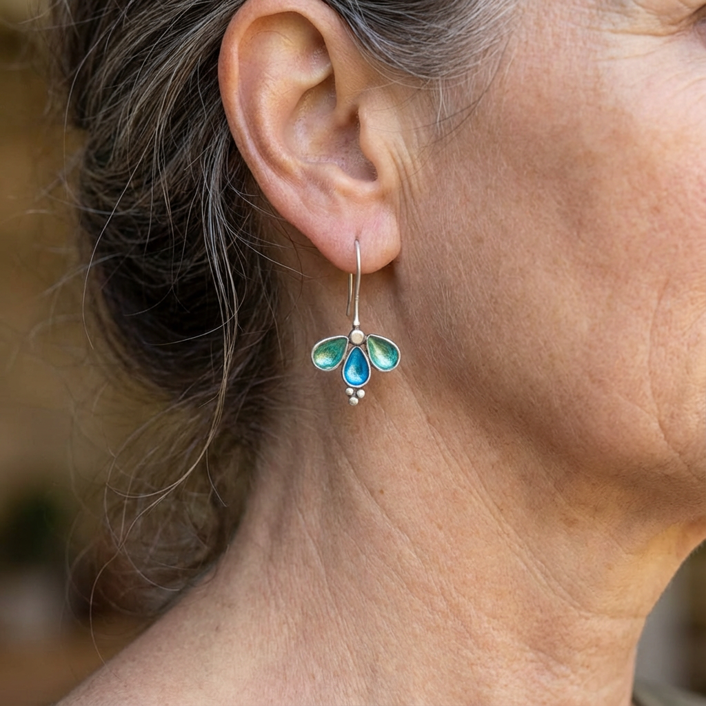 Vintage Blue Enamel Floral Silver Plated Artisan Earrings