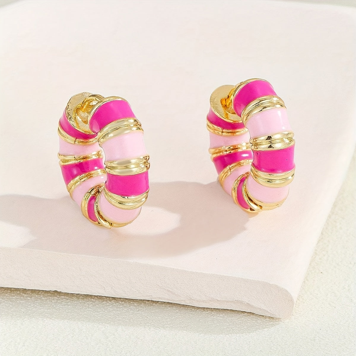 Vintage Enamel Huggie Hoop Earrings with Gold Accents