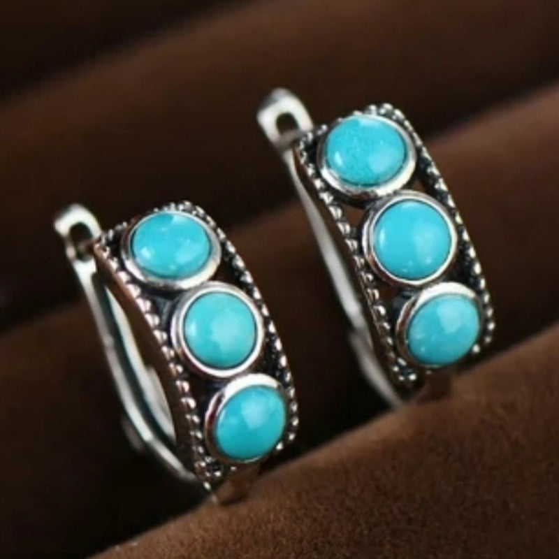 Vintage Silver Plated Turquoise Thick Hoop Earrings