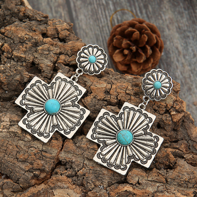 Retro Floral Design Turquoise Cross Carved Metal Earrings