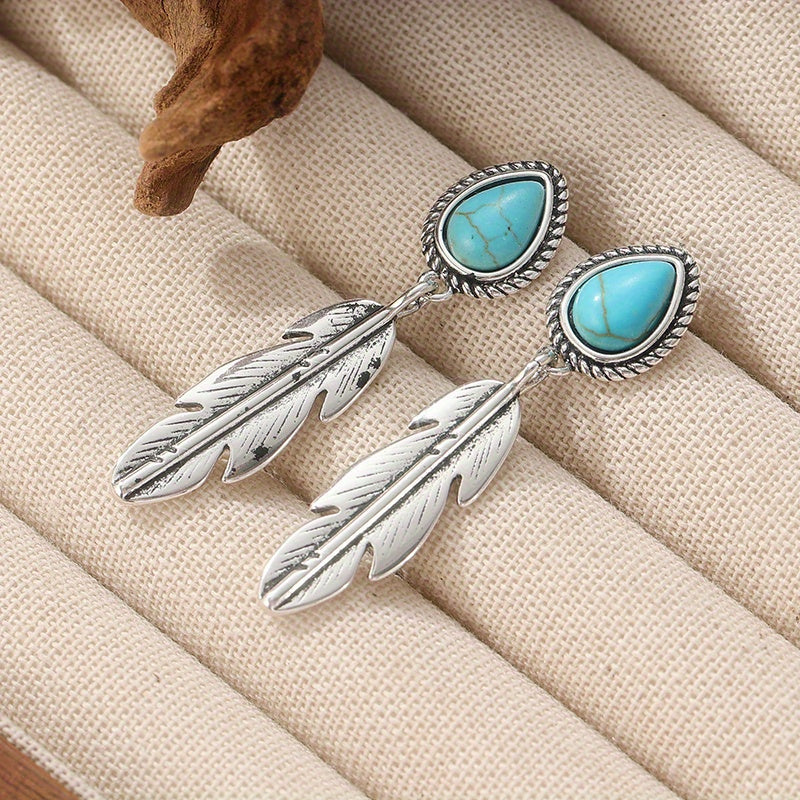 Retro Tribal Turquoise Feather Drop Earrings