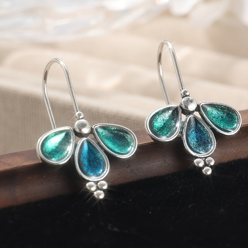 Vintage Blue Enamel Floral Silver Plated Artisan Earrings