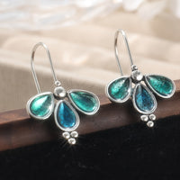 Vintage Blue Enamel Floral Silver Plated Artisan Earrings