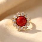 Vintage Gold Red Coral Cabochon Ring with Sparkling Crystal Diamond Halo