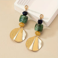 Gold Shell Disc & Green Stone Statement Drop Earrings