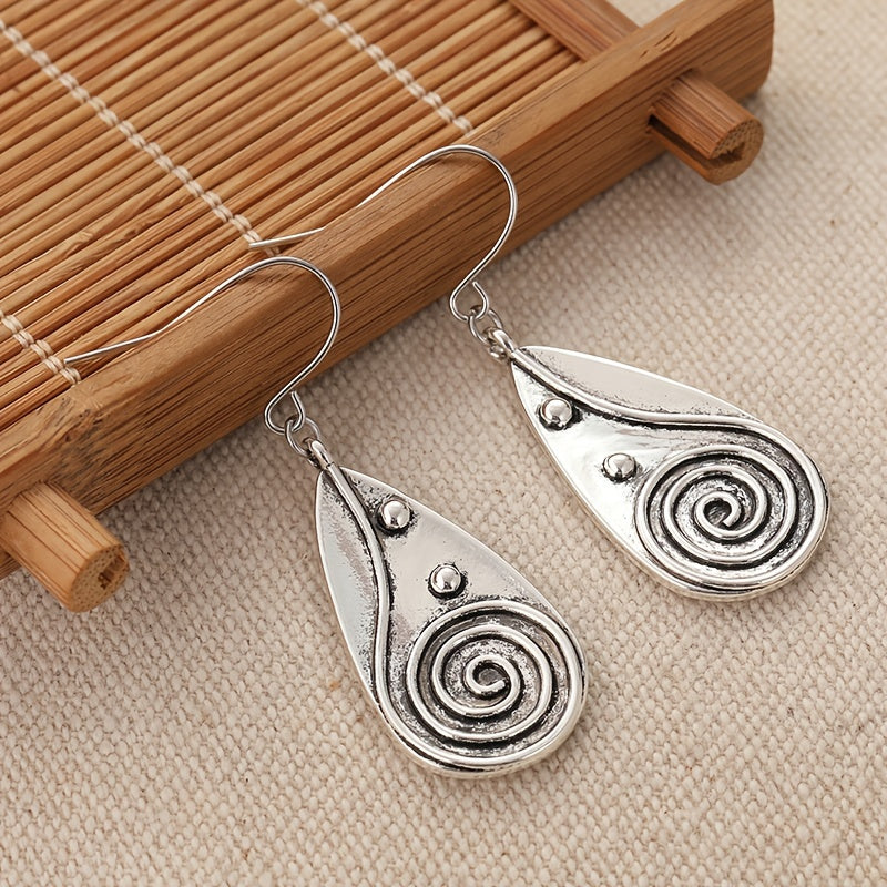 Vintage Spiral Teardrop Primitive Sun Silver Plated Earrings