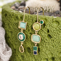 Vintage Geometric Green Stone Gold Drop Earrings