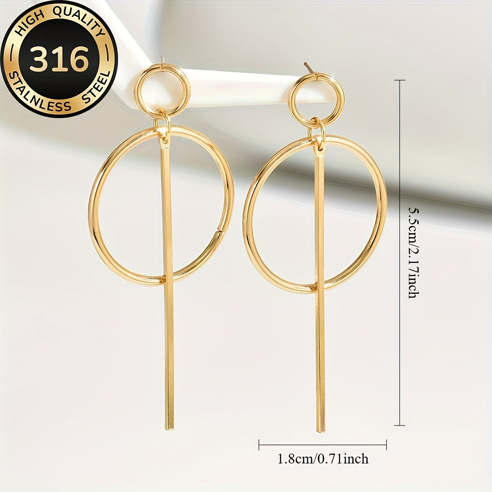 Modern Linear Style Gold Plated Circle Drop Earrings