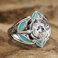 Elegant Bohemian Turquoise Leaf Zirconia Crystal Ring