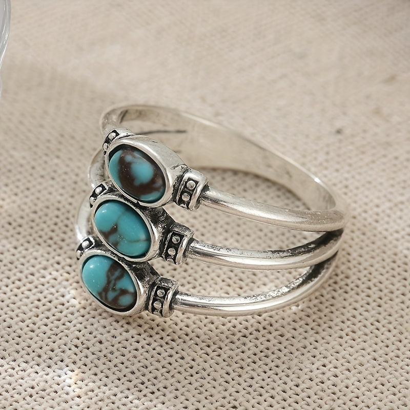 Vintage Boho Style Triple Turquoise Silver Ring