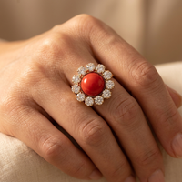Vintage Gold Red Coral Cabochon Ring with Sparkling Crystal Diamond Halo