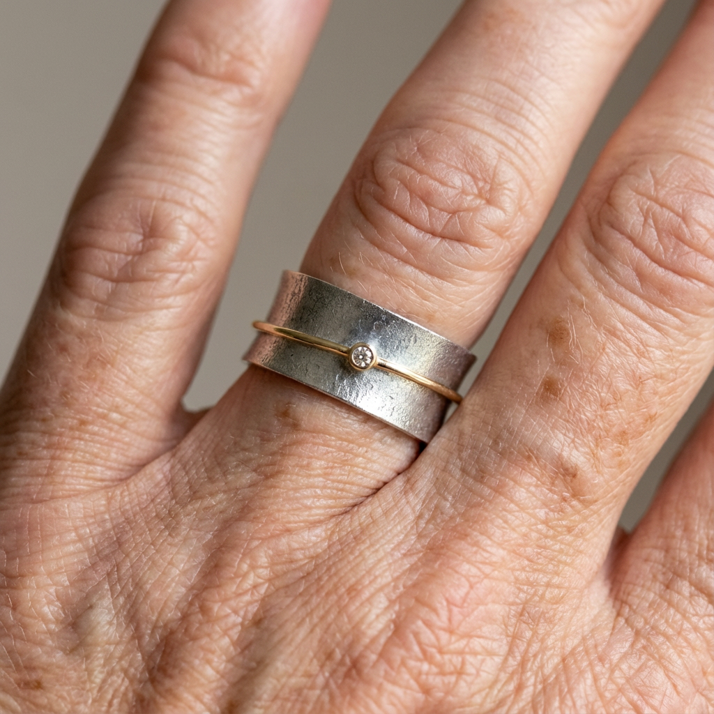 Minimalist Silver Band with Gold Diamond Accent Ring