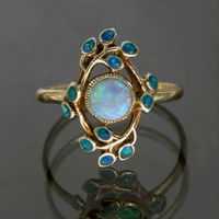 Vintage Floral Design Opal & Blue Crystal Gold Ring