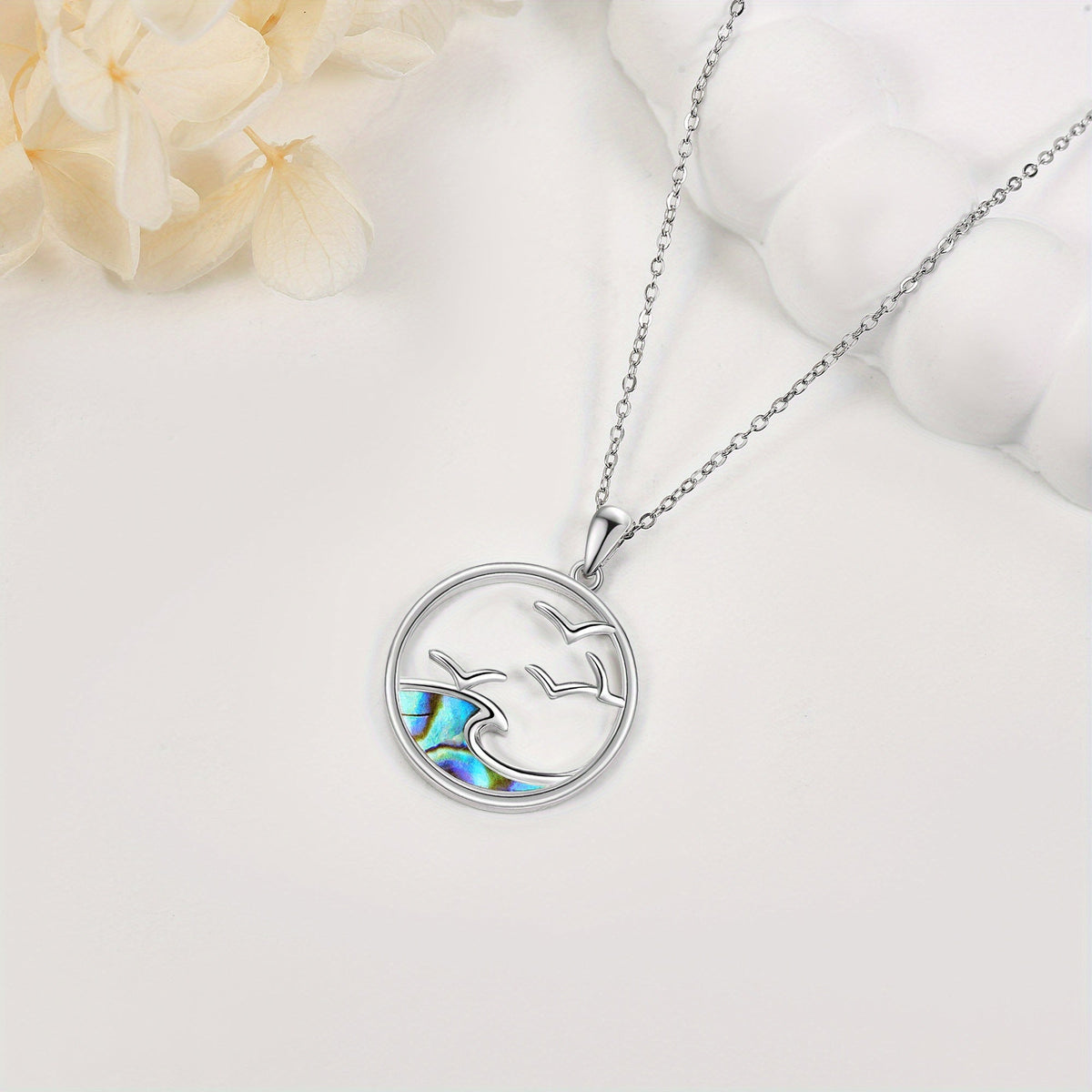 Sterling Silver Seagull & Ocean Wave Pendant Necklace