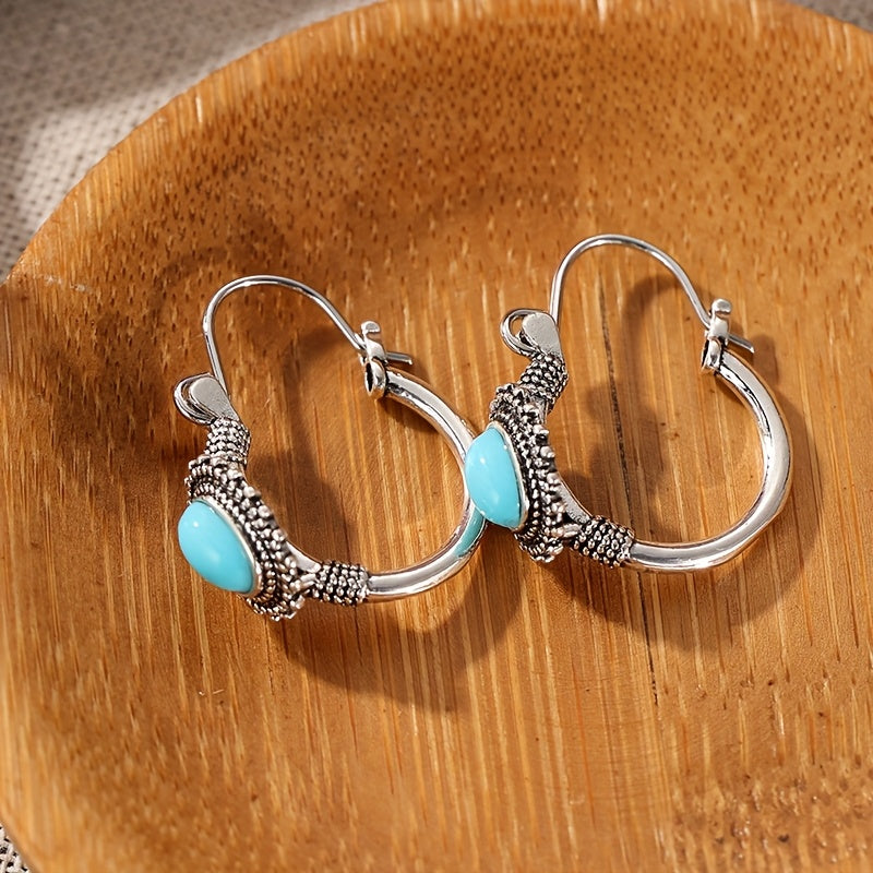 Vintage Retro Style Elongated Turquoise Round Splicing Earrings