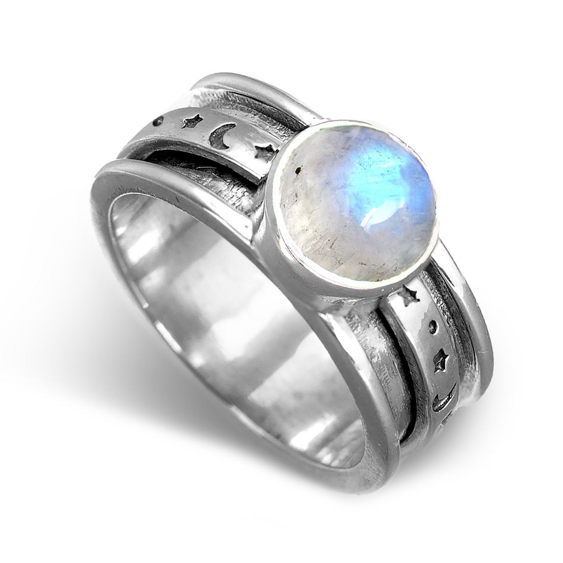 Celestial Stars Moon and Moonstone Fidget Silver Ring