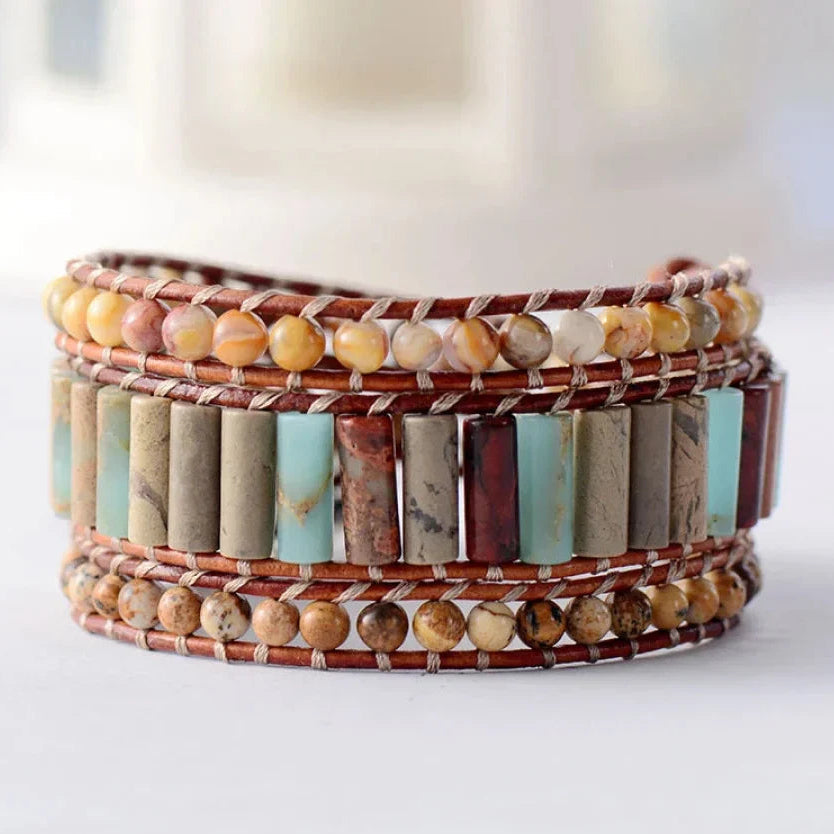 Natural Jasper & Sunflower Charm Leather Wrap Bracelet