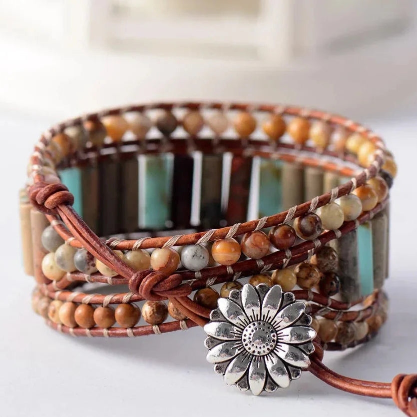 Natural Jasper & Sunflower Charm Leather Wrap Bracelet