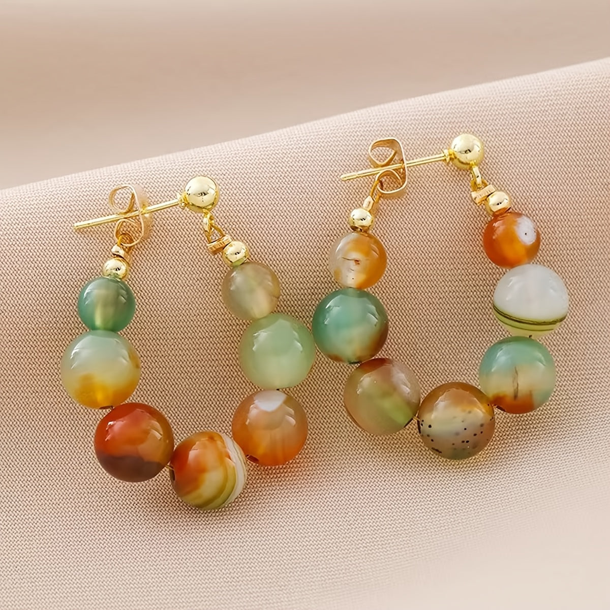 Boho Natural Stone Beaded Gold Plated Hoop Earrings
