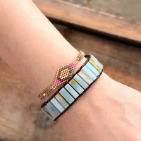 Natural Amazonite Stone & Leather Tree Of Life Bracelet