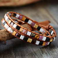 Natural Jasper Semi-Precious Stone Two Layer Leather Bracelet - 6 Colours