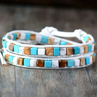 Natural Jasper Semi-Precious Stone Two Layer Leather Bracelet - 6 Colours