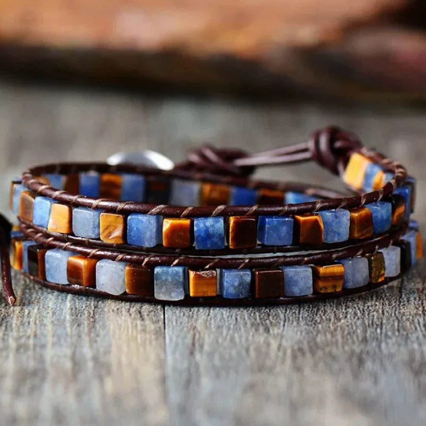 Natural Jasper Semi-Precious Stone Two Layer Leather Bracelet - 6 Colours