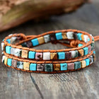 Natural Jasper Semi-Precious Stone Two Layer Leather Bracelet - 6 Colours