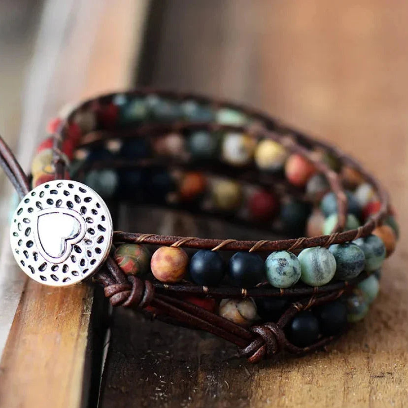 Natural Semi-Precious Gemstones "LOVE" Leather Wrap Bracelet