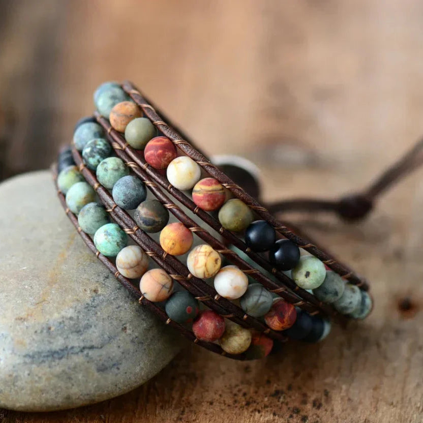 Natural Semi-Precious Gemstones "LOVE" Leather Wrap Bracelet