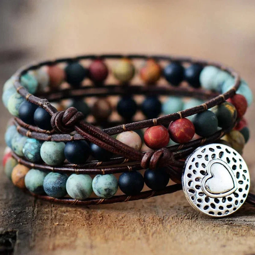 Natural Semi-Precious Gemstones "LOVE" Leather Wrap Bracelet
