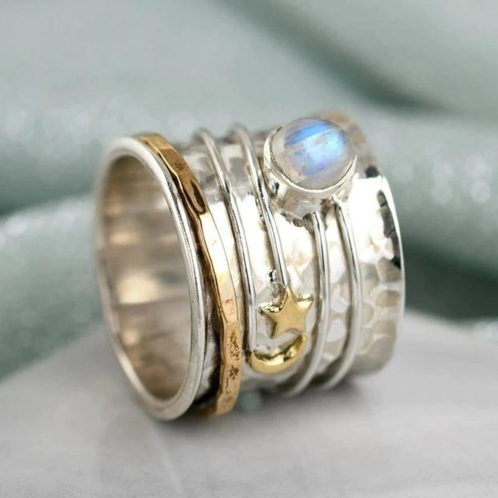 Star and Moon Moonstone Silver & Gold Artisan Ring